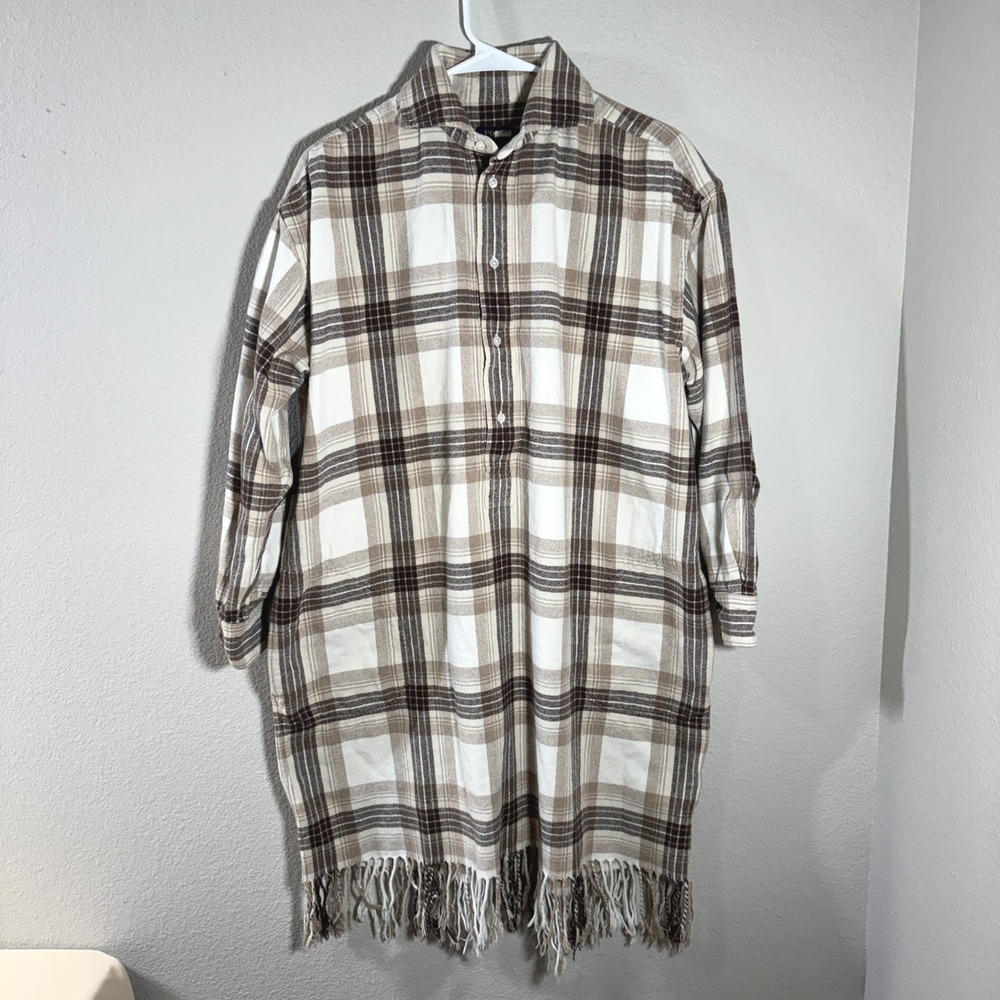 Polo Ralph Lauren Plaid Fringe Flannel Shirt Dress Brown Tan Preppy Size 14 READ